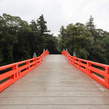 Vermilion bridge over the pond in Usa Hachiman-gu shrine