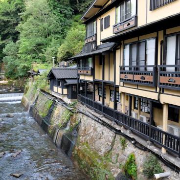 Kurokawa Onsen, View on the hot springs village in summer