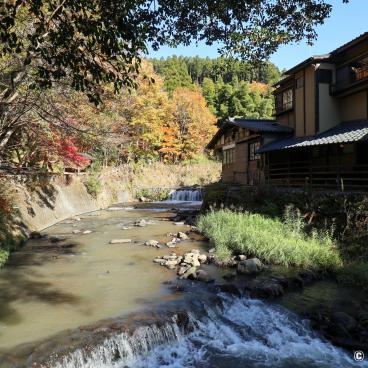 Kurokawa Onsen, View on the hot springs village in autumn 2