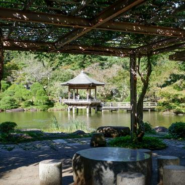 Narita-san Park, View on Ukimido Pavilion from the wisteria shelter