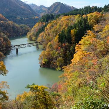 Oku Aizu, View on one of the railway bridges on Tadami River in autumn