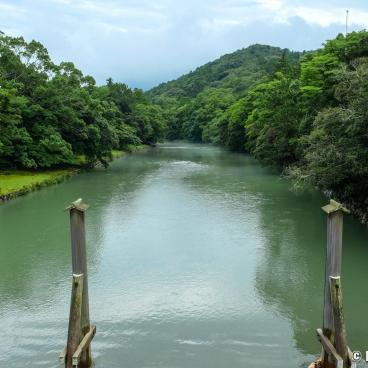Ise Jingu, View on Isuzu-gawa River from Ujibashi bridge at Naiku inner shrine (Kotai-jingu)