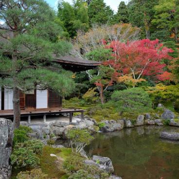 Ginkaku-ji, View on Togu-do pavilion and the pond in autumn