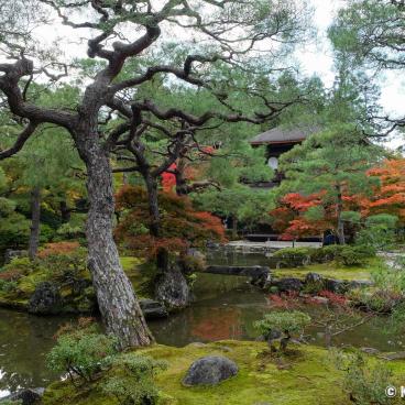Ginkaku-ji, Pond, Kannon-den Ginkaku pavilion and Kogetsudai cone in autumn