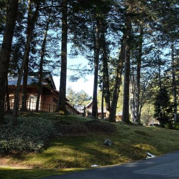 Tamozawa Imperial Villa Memorial Park in Nikko, View on the garden and the Alpine forest