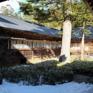Tamozawa Imperial Villa Memorial Park in Nikko, View on the garden and the buildings in winter 3