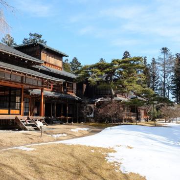 Tamozawa Imperial Villa Memorial Park in Nikko, View on the garden in winter