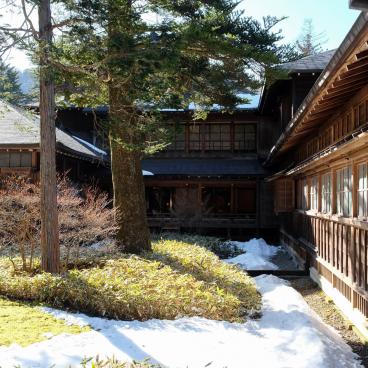 Tamozawa Imperial Villa Memorial Park in Nikko, View on the garden and the buildings in winter 2