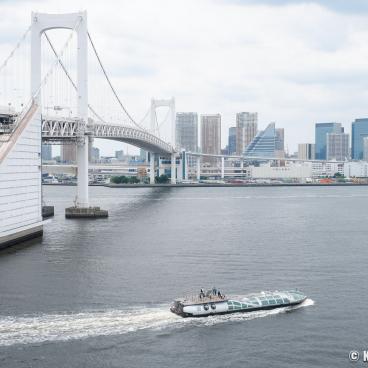 Rainbow Bridge (Tokyo), Viewed from Odaiba, with the Sumida River and cruising ship Hotaluna