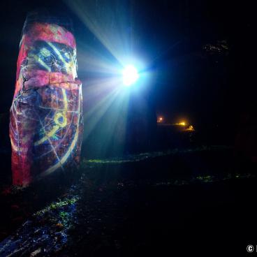 Nijigen no Mori, Night Walk Firebird, mapping projection on a stone