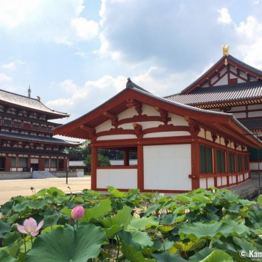 Yakushi-ji (Nara), View on the main esplanade with lotus in summer