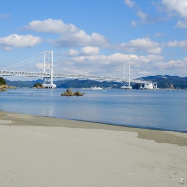 Naruto Whirlpools, View on Onaruto-kyo bridge from Chidorigahama beach on Shikoku's side
