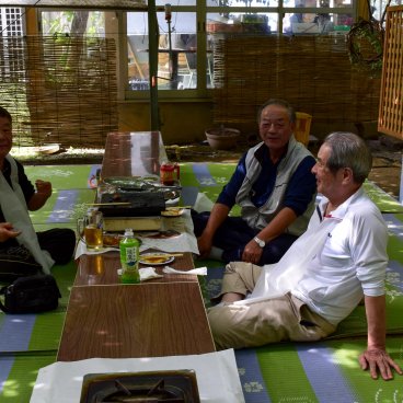 Fruit pickers eating lunch in Shirone Grape Garden in Niigata