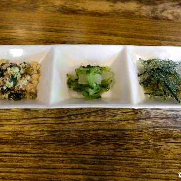 Okinawa Honto, Restaurant Kiiro, Appetizers with goya and umibudo algae