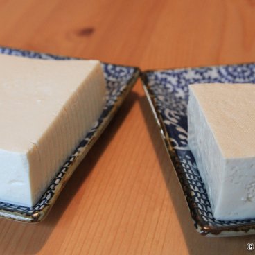 Silk tofu (on the left) and firm tofu (on the right) in a plate