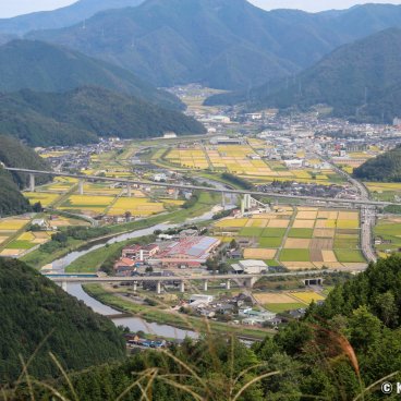Takeda Castle Ruins, Panoramic view on the surroundings and the Japanese countryside