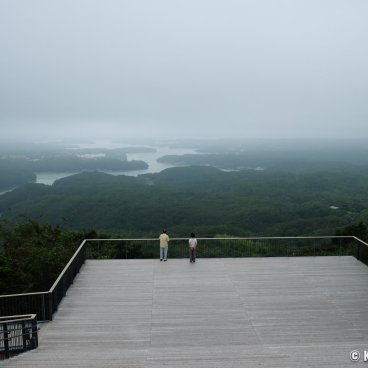 Yokoyama Observatory, Wooden platform and view on the Ago Bay on a foggy day