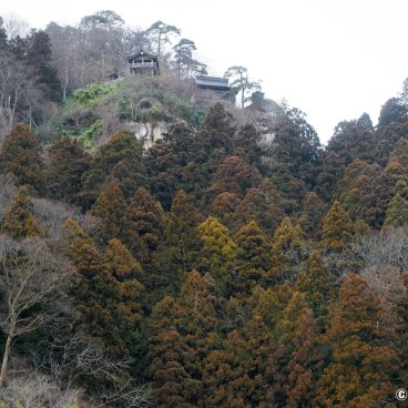 Yamadera, Godaido, Kaisando and Nokyodo pavilions viewed from the foot of the mountain