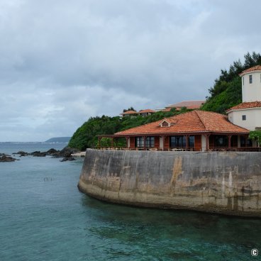 Cape Busena (Nago, Okinawa Honto), View on the coastline and the Rumble Fish from the underwater observatory's pier
