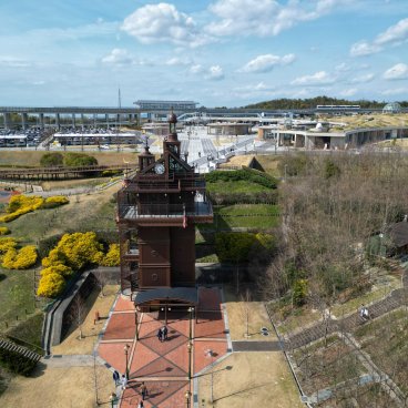 Ghibli Park (Nagoya), Drone view of the Elevator Tower and the Linimo train