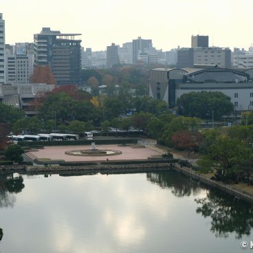 Hiroshima Orizuru Tower, View on the building (at the center) from Hiroshima Castle keep