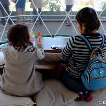 Hiroshima Orizuru Tower, Visitors taking a break in a temporary installation on the observation platform