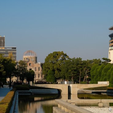 Hiroshima Orizuru Tower, View on the building (on the right) from the Peace Memorial Park