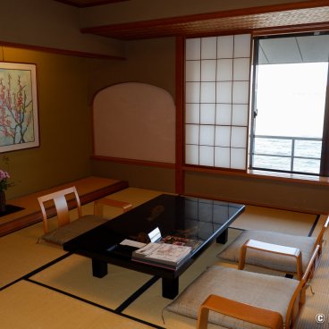 Wakura Onsen, Traditional tatami suite with a view on the sea at the ryokan inn Kagaya