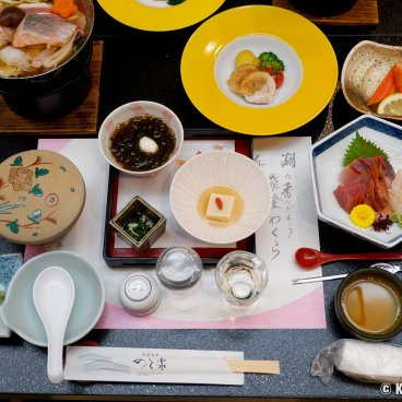 Wakura Onsen, Traditional Japanese dinner at the ryokan inn Notoraku