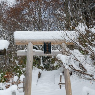 Tsuru-no-yu Onsen (Akita), Snow covered torii gate at Tsuru-no-yu-jinja