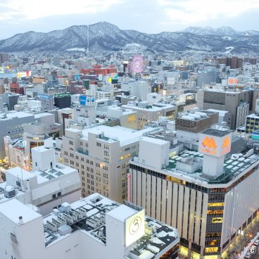 Sapporo TV Tower, Panoramic view on the city and Mount Moiwa in winter
