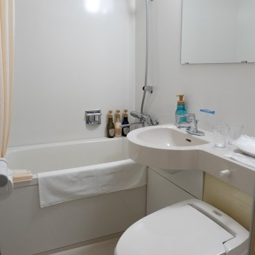 Hotel Folkloro (Kakunodate), Bathroom and Japanese style toilet in the twin room