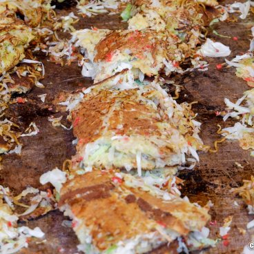 Ready-to-eat okonomiyaki at Tokyo's Koenji Awa Odori Festival