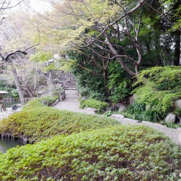 Happo-en (Tokyo), Pond of the Japanese garden in early spring