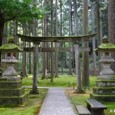 Hiyo Koke no Sato (Ishikawa), Stone torii gate and lanterns at Hiyo-jinja shrine