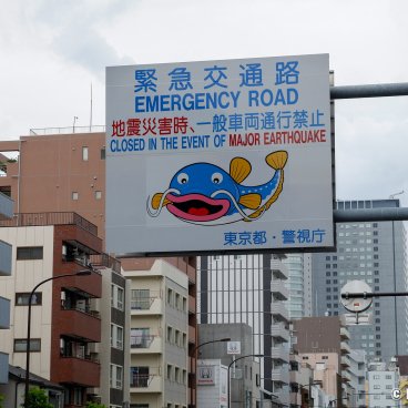 Street in Tokyo, Namazu fishcat on earthquake prevention signs