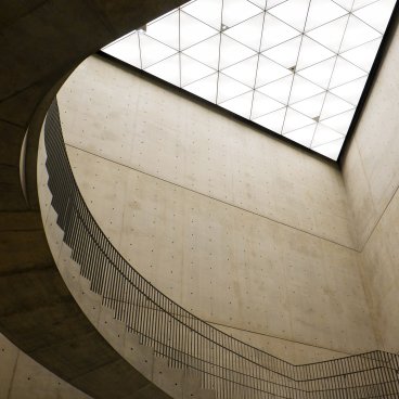 Akita Prefectural Art Museum, Stairway and triangle-shaped lightwell designed by Tadao Ando