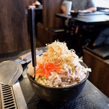 Tsukishima Monja Street (Tokyo), Monjayaki ingredients ready to be cooked on the griddle