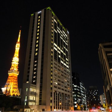 Azabudai Hills (Tokyo), Night view on the Tokyo Tower from the complex
