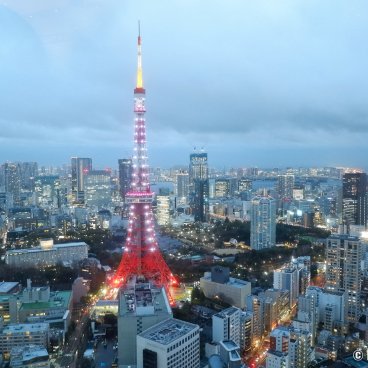 Azabudai Hills (Tokyo), Panoramic view on Tokyo Tower from the 34F floor of the Mori JP Tower