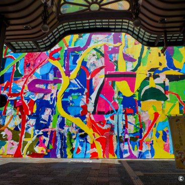 Dogo Onsen (Matsuyama), Dogo Onsen Honkan under a colored tarp in 2023
