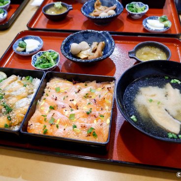 Nagahama, Lake Biwa salmon served in a donburi and in carpaccio at Yamatoya Uohama