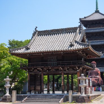 Kosho-ji (Nagoya), View on Chumon gate, the red great Buddha and the pagoda