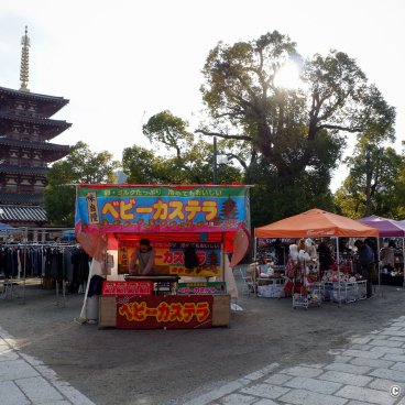 Shitenno-ji Flea Market (Osaka), Vendor stalls and pagoda