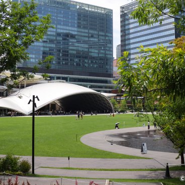 Grand Green Osaka (Umeda), View on the pond and the canopy of Umekita Park in summer 2