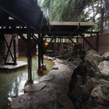 Oniyama Hotel (Beppu), Oniyama-no-yu outdoor bath and its jungle-style decor