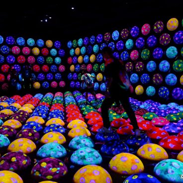 teamLab Biovortex Kyoto, Athletics Forest, Rapidly Rotating Bouncing Spheres in the Caterpillar House