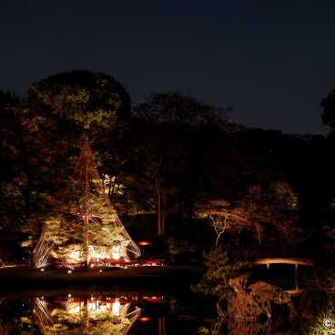 Autumn Illuminations in Rikugi-en (Tokyo), Night view on Fukiage-chaya teahouse and Kamome-bashi bridge