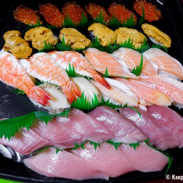 Osechi Ryori, Sushi bento with salmon eggs, urchins, salmon, shrimps, crab and fat tuna