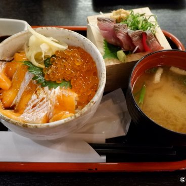 Capsule Inn Osaka (Umeda), Dinner set with a kaisendon bowl, sushi and miso soup